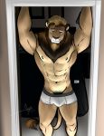  2018 bed bedroom bedroom_eyes bgn bulge clothing feline half-closed_eyes lion male mammal muscular muscular_male seductive solo underwear 