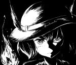  artist_name commentary english_commentary face fire frown hair_between_eyes hat hat_feather high_contrast kaban_(kemono_friends) kemono_friends looking_at_viewer maullarmaullar monochrome serious short_hair solo twitter_username 