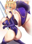  aqua_eyes artoria_pendragon_(all) artoria_pendragon_(lancer) ass ass_visible_through_thighs blonde_hair blue_gloves blue_legwear blurry blush braid breasts cleavage_cutout closed_mouth commentary_request covered_navel crotch crown depth_of_field dimples_of_venus elbow_gloves eyebrows_visible_through_hair fate/grand_order fate_(series) from_below gloves kneeling lance large_breasts leotard looking_at_viewer polearm rhongomyniad sidelocks smile solo thighhighs untsue weapon 