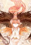  arms_behind_back black_wings circe_(fate/grand_order) circlet commentary_request fate/grand_order fate_(series) feathered_wings gevjon head_wings highres long_hair looking_at_viewer navel orange_hair pleated_skirt pointy_ears skirt smile solo very_long_hair wings yellow_eyes 