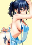  apron areola_slip areolae arm_behind_back arm_up between_breasts bikini blue_bikini blue_hair blush body_blush breasts cleavage closed_mouth comic_kairakuten cover cowboy_shot detexted eyebrows_visible_through_hair from_side green_eyes hair_between_eyes highres homunculus_(artist) large_breasts leaning_forward looking_at_viewer magazine_cover medium_hair micro_bikini ponytail see-through_silhouette shiny shiny_skin side-tie_bikini sidelocks simple_background smile solo strap_gap sweat swimsuit third-party_edit untied untied_bikini untying yellow_background 