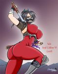  1girl ass black_hair bodysuit breasts brown_eyes cameltoe dual_wielding fingerless_gloves from_behind large_breasts long_hair looking_at_viewer mask ninja noriyukiworks83 open_mouth ponytail red_bodysuit sheathed solo soul_calibur soulcalibur_vi taki_(soulcalibur) 