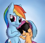  2014 blue_feathers blue_fur cub cutie_mark duo equine feathered_wings feathers female feral friendship_is_magic fur hair mammal mrardilla multicolored_hair my_little_pony orange_fur pegasus purple_eyes purple_hair rainbow_dash_(mlp) rainbow_hair scootaloo_(mlp) smile wings young 