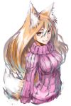  animal_ear_fluff animal_ears blonde_hair commentary fang fang_out fox_ears fox_tail jaco long_hair long_sleeves looking_at_viewer original pink_sweater ribbed_sweater simple_background slit_pupils smile solo sweater tail upper_body white_background yellow_eyes 