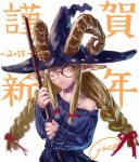 animal_ears black-framed_eyewear blonde_hair braid broom chinese_zodiac closed_mouth commentary_request dated dress glasses hair_ribbon happy_new_year hat holding horizontal_pupils horns horns_through_headwear jaco long_hair long_sleeves looking_at_viewer new_year original purple_dress purple_hat red_ribbon ribbed_dress ribbon round_eyewear signature solo tress_ribbon twin_braids upper_body witch witch_hat year_of_the_goat yellow_eyes 