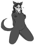  &lt;3 anthro black_fur black_hair breasts canine eyelashes female fur hair half-closed_eyes keadonger kneeling long_hair mammal monster nipples nude presenting pussy pussy_juice scp-1471 scp_foundation simple_background solo teeth tongue tongue_out white_background 