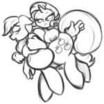  2014 anthro anthrofied applejack_(mlp) big_breasts breast_squish breasts cutie_mark digital_drawing_(artwork) digital_media_(artwork) duo earth_pony ep777 equine female friendship_is_magic hi_res horn horse mammal monochrome my_little_pony nipples on_lap over_knee pony rarity_(mlp) simple_background spanking tongue tongue_out unicorn white_background 