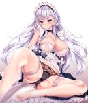 azur_lane bangs bare_shoulders belfast_(azur_lane) black_gloves black_panties blue_eyes blush breasts chain cleavage collar collarbone come_hither elbow_gloves fukuda_shuushi garter_belt garter_straps gloves gradient gradient_background grin hair_between_eyes hand_on_own_stomach highres lace lace_panties large_breasts long_hair looking_at_viewer maid_headdress midriff on_bed panties parted_lips pink_background silver_hair smile solo teeth thighhighs underwear very_long_hair white_background white_legwear 