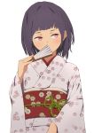  bangs black_hair blunt_bangs blush covering_mouth fan floral_print folding_fan highres holding holding_fan japanese_clothes kimono looking_away obi original red_eyes sash sidelocks simple_background solo sonri upper_body wide_sleeves 