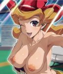  1girl areolae blonde_hair breasts cowboy_hat female floating_hair happy hat large_breasts long_hair looking_at_viewer melissa_claire navel nipples open_mouth red_eyes shiny shiny_skin shorts sky smile topless ts422 wink yu-gi-oh! yuu-gi-ou_arc-v 