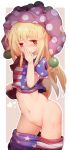  american_flag_legwear american_flag_shirt american_flag_skirt bangs blonde_hair blush border bottomless clownpiece commentary_request covering_mouth eyebrows_visible_through_hair fairy_wings frilled_sleeves frills hagure_kedama hair_between_eyes hat heart highres jester_cap long_hair looking_at_viewer navel no_panties nose_blush outline pantyhose pantyhose_pull polka_dot polka_dot_hat red_eyes shirt shirt_lift short_sleeves simple_background skirt skirt_pull solo stomach striped sweat tan_background touhou white_border white_outline wings 