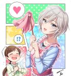  2girls anastasia_(idolmaster) apron blood blue_eyes blue_shirt blush brown_hair bubble_background closed_eyes commentary_request emphasis_lines frilled_apron frills green_shirt grey_hair hands_on_own_chest heart highres idolmaster idolmaster_cinderella_girls idolmaster_cinderella_girls_starlight_stage jewelry long_hair love_laika multiple_girls nitta_minami nose_blush nosebleed open_mouth pendant pink_apron polka_dot ponytail shirt short_hair smile spoken_heart star yoohi yuri 