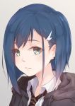  absurdres alternate_costume collared_shirt dark_blue_hair darling_in_the_franxx eyelashes face fei_mao green_eyes hair_ornament hairclip half-closed_eyes highres hood hoodie ichigo_(darling_in_the_franxx) looking_at_viewer necktie parted_lips revision school_uniform shirt short_hair solo striped striped_neckwear upper_body 