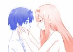  1boy 1girl black_hair breasts couple darling_in_the_franxx face-to-face hands_on_another&#039;s_face hiro_(darling_in_the_franxx) horns large_breasts long_hair looking_at_another multiple_monochrome oni_horns pale_skin pink_hair short_hair zero_two_(darling_in_the_franxx) 