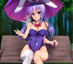  animal_ears bangs bare_shoulders bench blush bow bowtie breasts bunny_ears bunny_girl bunnysuit cleavage commentary_request covered_navel erina_(rabi-ribi) eyebrows_visible_through_hair fairy hair_between_eyes head_tilt highres large_breasts long_hair looking_at_viewer minigirl multiple_girls outdoors purple_eyes purple_hair rabi-ribi ribbon_(rabi-ribi) senra_banshou shared_umbrella single_thighhigh sitting sitting_on_shoulder thighhighs umbrella white_background wrist_cuffs 