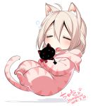  =_= ahoge animal_costume animal_ears black_cat blonde_hair cat cat_costume cat_ears cat_tail chibi closed_eyes commentary_request dated drooling floating hair_between_eyes hood hood_down konshin open_mouth original signature simple_background sleeping solo tail white_background 
