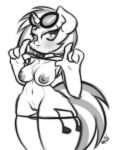  2014 anthro anthrofied big_breasts bikini blush breasts chest_tuft clothing cutie_mark digital_drawing_(artwork) digital_media_(artwork) ep777 equine female flashing friendship_is_magic fur hi_res horn looking_at_viewer mammal monochrome my_little_pony nipples pussy simple_background solo swimsuit tuft unicorn vinyl_scratch_(mlp) white_background 