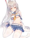  arm_support ayanami_(azur_lane) azur_lane bangs bare_shoulders belt between_breasts blue_skirt breasts choker commentary_request detached_sleeves eyebrows_visible_through_hair hair_between_eyes hair_ornament knhrpnkt long_hair long_sleeves looking_at_viewer medium_breasts miniskirt navel necktie no_bra pleated_skirt ponytail red_eyes sailor_collar shiny shiny_skin silver_hair simple_background sitting skindentation skirt solo thighhighs thighs tied_hair underboob very_long_hair wariza white_background white_belt white_legwear wide_sleeves yellow_neckwear zettai_ryouiki 