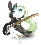  1girl blue_eyes daipy electric_guitar female full_body gen_5_pokemon green_hair guitar instrument long_hair looking_at_viewer meloetta no_humans poke_ball_theme pokemon pokemon_(creature) simple_background sitting smile solo white_background 