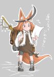  absurdres animal_ears backpack bag bike_shorts blush boots brown_dress closed_mouth commentary_request doitsuken dress fox_ears fox_tail headband highres holding orange_eyes orange_hair original outline reading short_hair solo standing sweatdrop sword tail tied_dress translation_request weapon white_outline wide_sleeves 