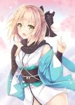  :d bangs black_bow black_scarf blonde_hair bottomless bow cherry_blossoms eyebrows_visible_through_hair fate/grand_order fate_(series) green_eyes hair_between_eyes hair_bow haori index_finger_raised iris_yayoi japanese_clothes kimono looking_at_viewer no_panties obi okita_souji_(fate) okita_souji_(fate)_(all) open_mouth sash scarf shirt short_hair short_ponytail sleeveless sleeveless_shirt smile solo standing white_kimono 