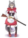  animal_ear_fluff animal_ears apron black_legwear blouse capelet closed_mouth commentary_request corset fingernails full_body grey_hair gun hair_between_eyes holding holding_gun holding_weapon hood hood_up hooded_capelet jaco kneehighs little_red_riding_hood little_red_riding_hood_(grimm) long_sleeves looking_at_viewer neck_ribbon original red_capelet red_footwear red_neckwear red_ribbon red_skirt ribbon rifle shoes short_hair simple_background skirt sleeves_past_wrists solo trigger_discipline underbust waist_apron weapon white_apron white_background wolf_ears yellow_eyes 