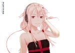  bangs closed_mouth dress el-zheng guilty_crown hair_flaps hair_ornament hairclip hand_up headphones long_hair looking_at_viewer low_twintails pink_hair red_eyes simple_background smile solo twintails upper_body white_background yuzuriha_inori 