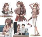 1boy 2girls :d ^_^ ^o^ alternate_costume apron black_hair black_pants bottle breasts brown_eyes brown_hair brown_sweater closed_eyes commentary_request couch couple cup drinking_glass eighth_note faceless faceless_male fairy_(kantai_collection) flower food full_body grey_hoodie grey_jacket grey_shirt hair_between_eyes hair_flower hair_intakes hair_ornament hetero highres hood hoodie housewife jacket kantai_collection large_breasts long_hair long_sleeves multiple_girls multiple_views musical_note negahami open_mouth pants pink_flower ponytail red_apron ribbed_sweater shirt short_hair simple_background smile sweater tears translated very_long_hair white_background wine_bottle wine_glass yamato_(kantai_collection) 