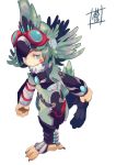  absurdres bird claws crop_top feather_hair feathers flat_chest fur_collar gem goggles goggles_on_head hat highres ibuki_(xenoblade) long_hair monster_girl simple_background smile solo sou_(pale_1080) talons toeless_legwear triangle_mouth xenoblade_(series) xenoblade_2 