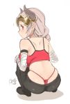  aliza_(granblue_fantasy) ass bandaged_arm bandages crop_top draph granblue_fantasy horns panties pants ponytail red_panties rkrk silver_hair solo squatting t-back tank_top thong underwear whale_tail 