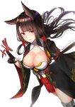  absurdres akagi_(azur_lane) animal_ears azur_lane bad_id bad_pixiv_id bangs black_hair blunt_bangs blush breasts brown_hair cleavage collarbone commentary eyebrows_visible_through_hair floating_hair fox_ears fox_tail gloves gui_ss hair_ribbon highres japanese_clothes large_breasts long_hair long_sleeves looking_at_viewer multiple_tails parted_lips partly_fingerless_gloves red_eyes revision ribbon rigging sidelocks simple_background skindentation smile solo tail tassel thighhighs tress_ribbon white_background wide_sleeves 