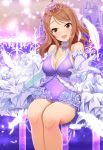  blush breasts brown_eyes castle choker cleavage commentary_request dress elbow_gloves flower gloves highres houjou_karen idolmaster idolmaster_cinderella_girls kazu long_hair looking_at_viewer medium_breasts orange_hair smile solo tiara white_footwear white_gloves 