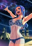  :d alsea armpits arms_up artist_name blue_bra blue_eyes blue_hair blue_panties blush bra breasts cleavage cowboy_shot large_breasts long_hair looking_up nefertari_vivi night one_piece open_mouth outdoors panties see-through sideboob sky smile solo standing star_(sky) starry_sky underwear underwear_only 