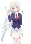  arm_behind_back blazer blush commentary_request cosplay crescent feathered_wings frown highres idaku jacket kishin_sagume looking_away looking_down necktie red_eyes reisen_udongein_inaba reisen_udongein_inaba_(cosplay) shirt short_hair single_wing skirt solo touhou translation_request white_hair white_shirt white_skirt wings 