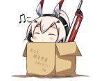  ayanami_(azur_lane) azur_lane bad_id bad_pixiv_id bangs beamed_eighth_notes blush box cardboard_box closed_eyes closed_mouth commentary_request eyebrows_visible_through_hair for_adoption hair_between_eyes hair_ornament hatsuzuki_527_(style) headgear headphones high_ponytail in_box in_container long_hair musical_note nagato-chan ponytail silver_hair solo sword translated weapon white_background 