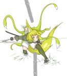 absurdres animal_ears baby bamboo bangs blonde_hair blush closed_eyes commentary_request cutting doitsuken fighting_stance fox_ears fox_girl fox_tail green_legwear highres holding holding_sword holding_weapon katana legs_apart long_sleeves looking_at_viewer multiple_girls multiple_tails original pacifier prehensile_tail scabbard sheath shoes short_hair shorts simple_background slashing slit_pupils sword tail thighhighs unsheathed weapon white_background yellow_eyes 