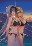  backlighting bangs bare_shoulders beach bikini black_bikini blonde_hair blue_eyes blush braid breasts can cleavage collarbone commentary_request eyebrows_visible_through_hair fate/apocrypha fate/grand_order fate_(series) headpiece highres hips jeanne_d'arc_(alter)_(fate) jeanne_d'arc_(fate) jeanne_d'arc_(fate)_(all) large_breasts lens_flare long_braid long_hair looking_at_viewer multiple_girls navel ocean ohland outdoors side-tie_bikini silver_hair single_braid smile soda_can sunset surfboard swimsuit thighs very_long_hair yellow_eyes 