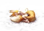 :d animal_ear_fluff animal_ears bare_shoulders barefoot bike_shorts blonde_hair closed_eyes commentary fox_ears fox_girl_(jaco) fox_tail jaco large_tail long_sleeves lying motion_lines on_side open_mouth original parted_lips ribbed_sweater short_hair sleeping smile solo sweater tail tail_hug 