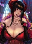  bat black_hair breasts bridal_gauntlets brown_eyes chair chest_tattoo cleavage commentary eliza_(tekken) english_commentary finger_to_mouth flower gtunver highres horns large_breasts nail_polish purple_nails rose smile solo tattoo tekken tekken_7 upper_body vampire window 