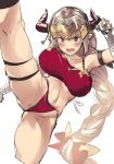  aliza_(granblue_fantasy) bikini breasts commentary_request draph granblue_fantasy high_kick highres horns kicking large_breasts long_hair red_eyes silver_hair solo swimsuit torimahera 
