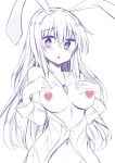  animal_ears blush bottomless breasts bunny_ears carrot_necklace censored collarbone commentary_request eyebrows_visible_through_hair groin hair_between_eyes hands_on_own_chest heart heart_censor highres large_breasts long_hair long_sleeves looking_at_viewer maturiuta_sorato monochrome navel off_shoulder out-of-frame_censoring parted_lips reisen_udongein_inaba shirt sidelocks simple_background solo standing touhou upper_body very_long_hair white_background 