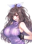  bangs bare_shoulders black_gloves blue_ribbon blush bra breasts brown_eyes brown_hair commentary_request eyebrows_visible_through_hair floral_print gloves grey_bra hair_ribbon highres huge_breasts idolmaster idolmaster_shiny_colors lace lace_gloves long_hair looking_at_viewer mole mole_on_armpits open_mouth ponytail purple_sweater ribbed_sweater ribbon simple_background sleeveless sleeveless_turtleneck smile solo stenciled_rose sweater sweater_vest swept_bangs takanashi_ringo tsukioka_kogane turtleneck underwear white_background 