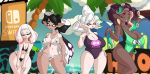  amiibo aori_(splatoon) bare_arms bare_legs bare_shoulders beach bikini bikini_bottom bikini_top black_bikini black_hair black_swimsuit breasts cleavage dark_skin fluffernubber green_hair green_swimsuit grey_hair hand_on_hip hands hands_on_hips hands_on_thighs highres hime_(splatoon) hotaru_(splatoon) iida_(splatoon) inkling large_breasts leaning_forward logo long_hair looking_at_another midriff multiple_girls navel nintendo nintendo_switch octoling one-piece_tan pink_hair plump pointy_ears pose purple_hair purple_swimsuit short_hair sign size_difference splatoon_(series) splatoon_2 swimsuit tan tanline teeth tentacle_hair thick_thighs thighs water white_bikini white_hair white_swimsuit 