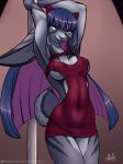  2018 anthro areola areola_slip arms_above_head barely_visible_genitalia big_ears blue_eyes clothed clothing dress ears_down female fur furball furball_(character) grey_fur hair heterochromia lagomorph long_hair looking_at_viewer mammal multicolored_hair navel nipple_bulge no_underwear open_mouth open_smile pole pussy rabbit skimpy smile solo stripper_pole subtle_pussy yellow_eyes 