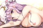  breasts close-up crescent dakimakura eyebrows_visible_through_hair hat large_breasts long_hair lying mob_cap nakatokung nipples nude on_side patchouli_knowledge purple_eyes purple_hair solo touhou 