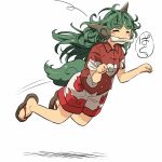  :3 ^_^ blush bone clenched_hands closed_eyes curly_hair full_body green_hair horn komano_aun long_hair mouth_hold sandals short_sleeves shorts simple_background solo touhou white_background white_shorts yudepii 