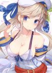  bangs bare_shoulders belt beret blue_eyes blush breasts brown_hair cleavage collarbone cucouroux_(granblue_fantasy) detached_sleeves dress eyebrows_visible_through_hair granblue_fantasy hair_ribbon hat highres large_breasts long_hair long_sleeves looking_at_viewer rai_(sakuranbo_sugar) ribbon smile solo swept_bangs twintails upper_body 