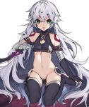  alternate_hairstyle bandaged_arm bandages boots cleavage_cutout detached_sleeves eyes_visible_through_hair fate/apocrypha fate_(series) flat_chest green_eyes grey_hair hair_between_eyes hanakeda_(hanada_shiwo) hips jack_the_ripper_(fate/apocrypha) kneehighs long_hair midriff navel sitting solo thigh_boots thighhighs thighs very_long_hair wariza white_background 