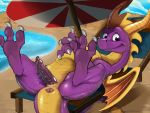  2018 absurd_res anus claws dragon hi_res horn lying male narse penis sand scalie smile solo spyro spyro_the_dragon umbrella video_games wings 