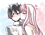  1boy 1girl black_hair blue_eyes blush cheek_kiss couple darling_in_the_franxx eyes_closed hand_on_another&#039;s_chest hiro_(darling_in_the_franxx) horns long_hair one_eye_closed oni_horns pink_hair pride-kun red_horns short_hair zero_two_(darling_in_the_franxx) 